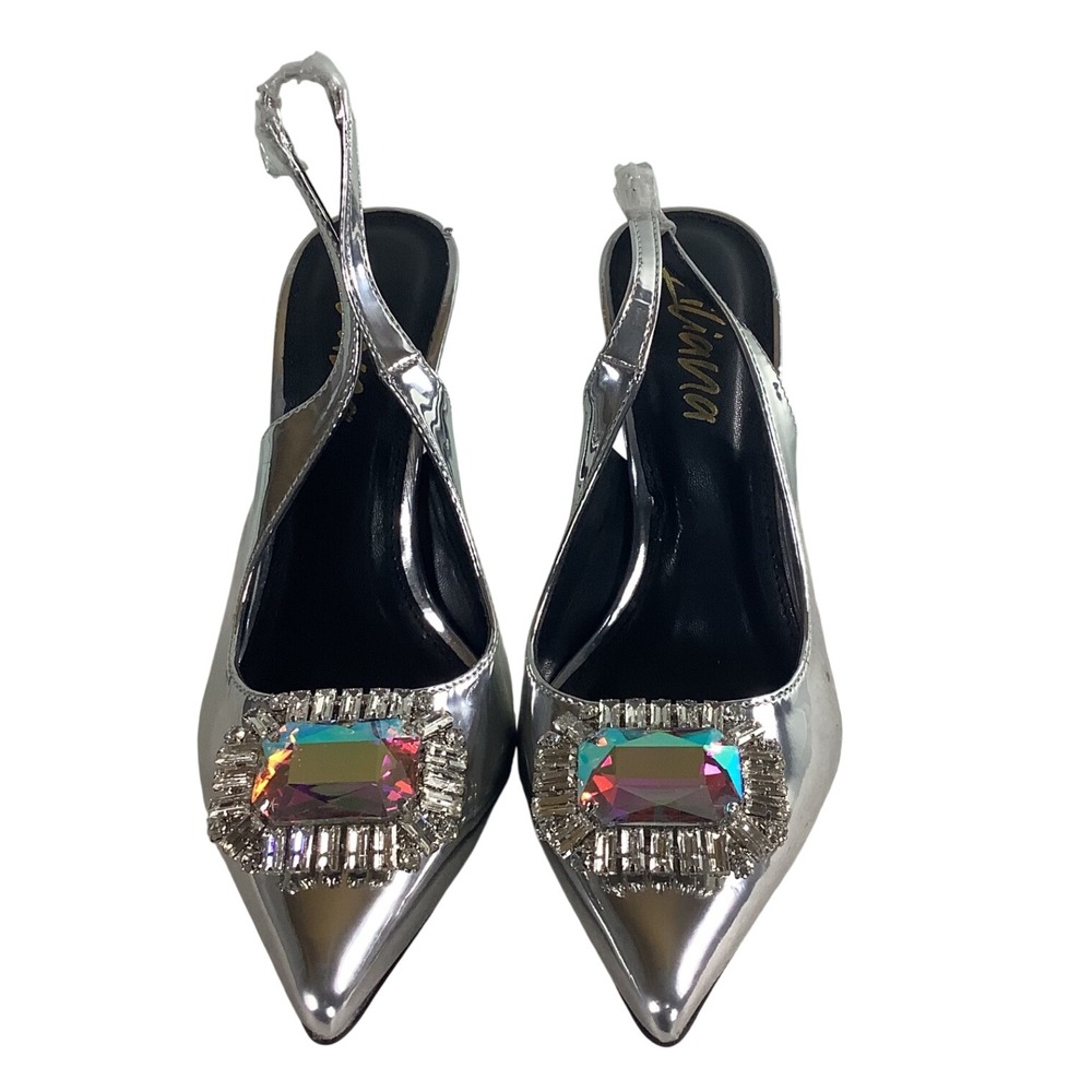 Liliana Silver Metallic Slingback Pumps Iridescent Crystal Buckle‎ Heels Sz 8.5